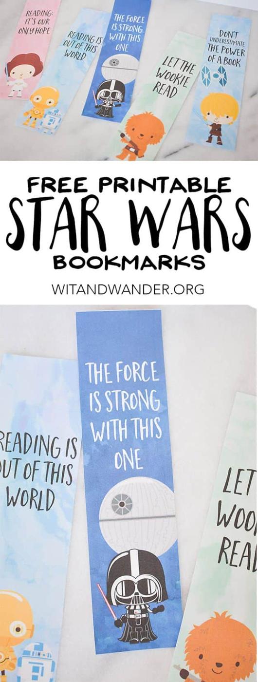 Free printable Star Wars bookmarks with illustrated characters and reading lines on white card for kids