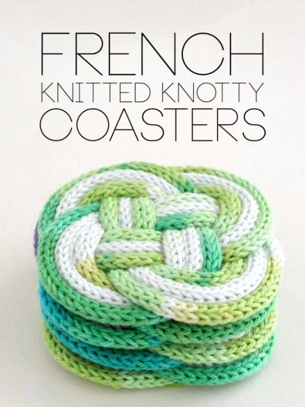 French knitted coasters knotted together for a quick easy gift found through a Pinterest idea for the whole family