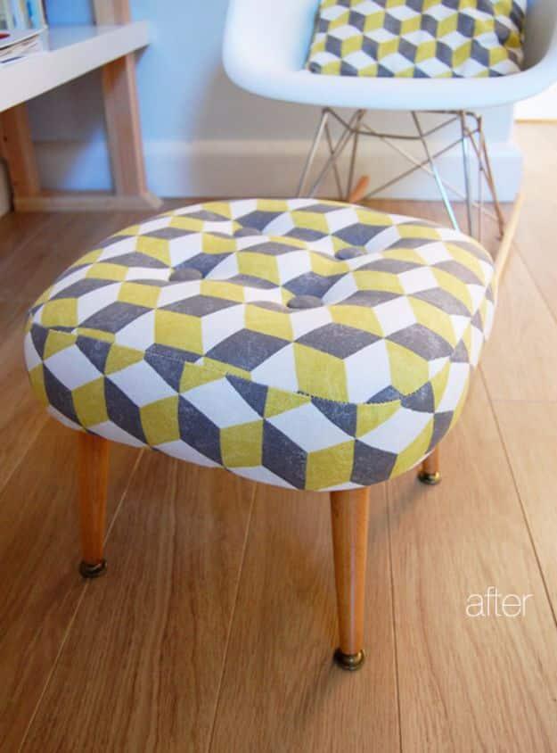 Reupholstered Foot Stool, an idea worth saving for later and a creative way to give an old piece new life