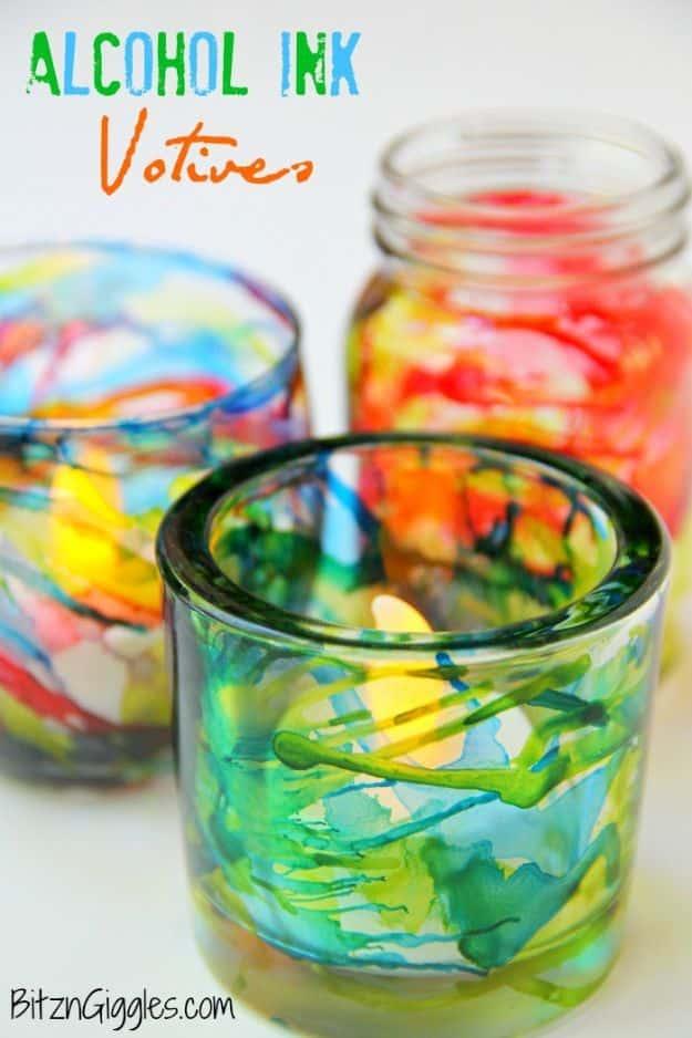 Alcohol Ink Votives, a tabletop accent idea, easy to scale up for a whole batch and a keepsake worth handing down
