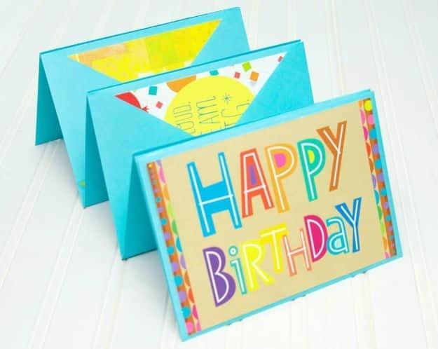 DIY birthday card idea: an accordion fold card unfolded to reveal extra space for a longer birthday message