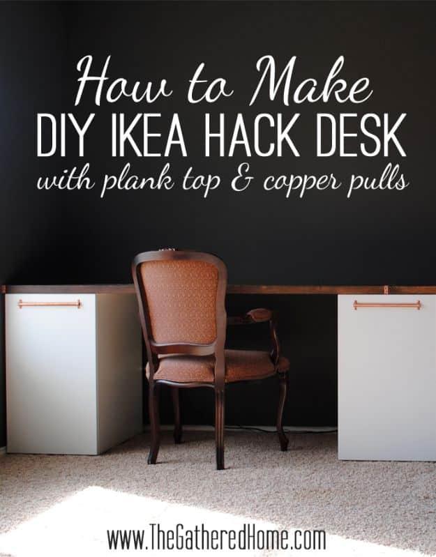 DIY Ikea Hack Desk with Plank Top & Copper Pulls, easy to scale up for a whole batch and a keepsake worth handing down