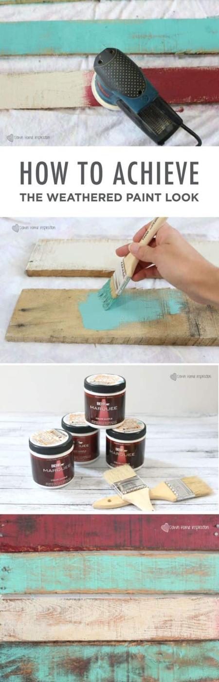 Painting hack collage, a power sander, a chip brush and BEHR sample pots above pallet boards in teal and red