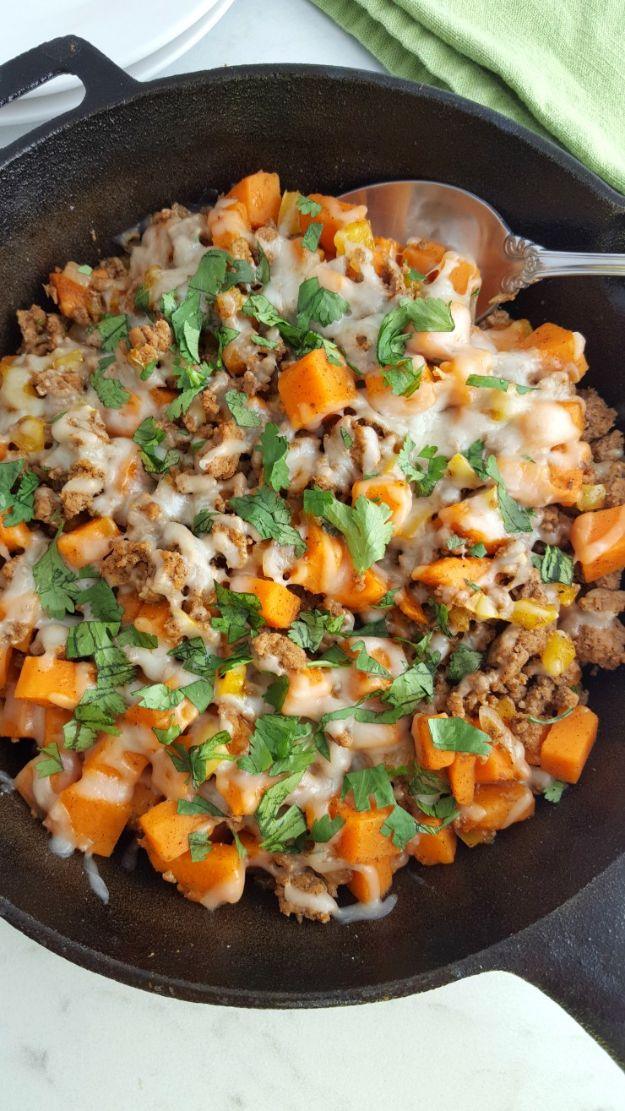 Ground Turkey Recipes - Ground Turkey Sweet Potato Skillet - Healthy and Easy Turkey Recipe Ideas for Dinner, Lunch, Snack - Quick Crockpot and Instant Pot, Casserole, Meatballs, P