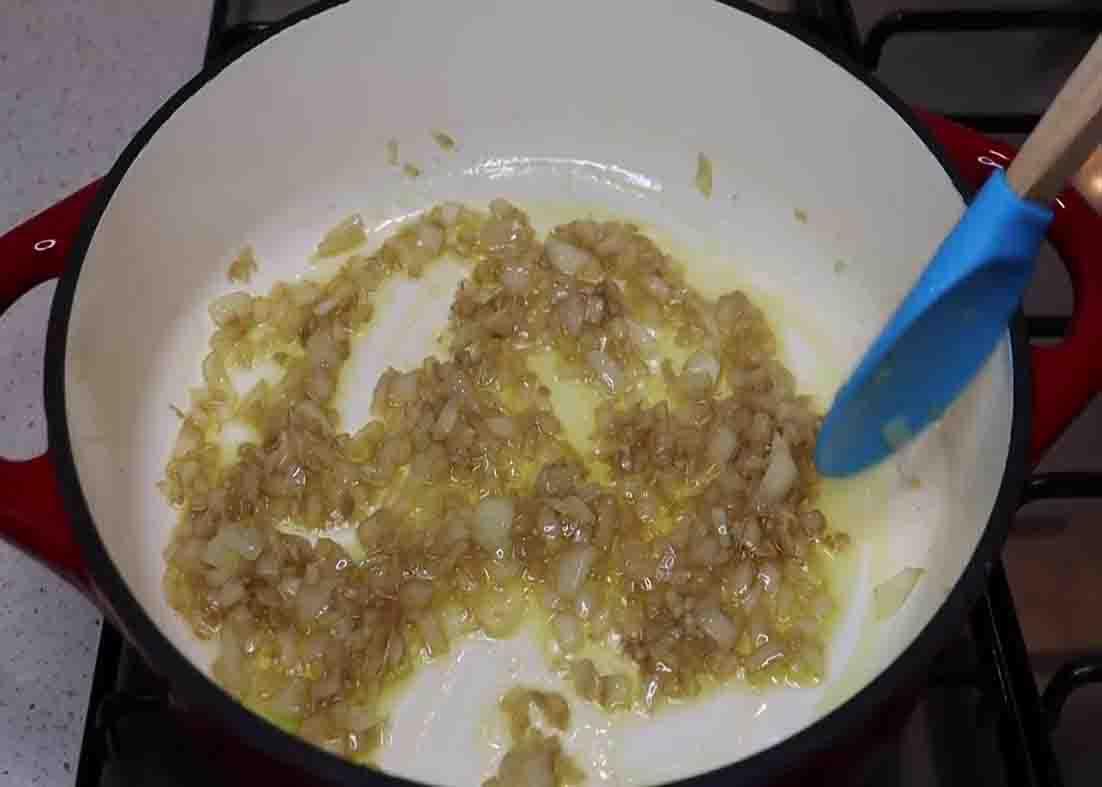 Sauteing the onion and garlic for the lamb stew recipe