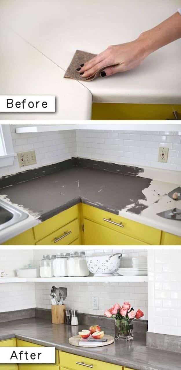 Cover up laminate countertops, white laminate being sanded, a grey concrete skim coat troweled on, and the finished counter