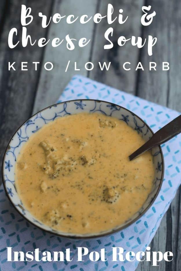 Keto broccoli and cheese soup in a patterned blue and white bowl with a spoon under a recipe title graphic