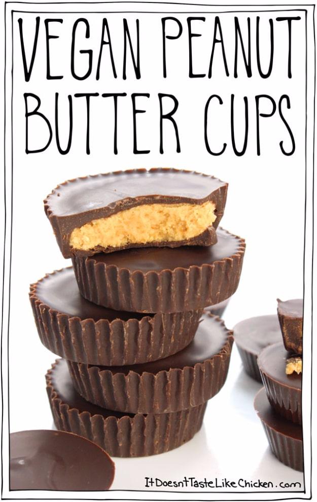 Vegan peanut butter cups in paper liners, a homemade dairy free candy and an easy no bake dessert idea