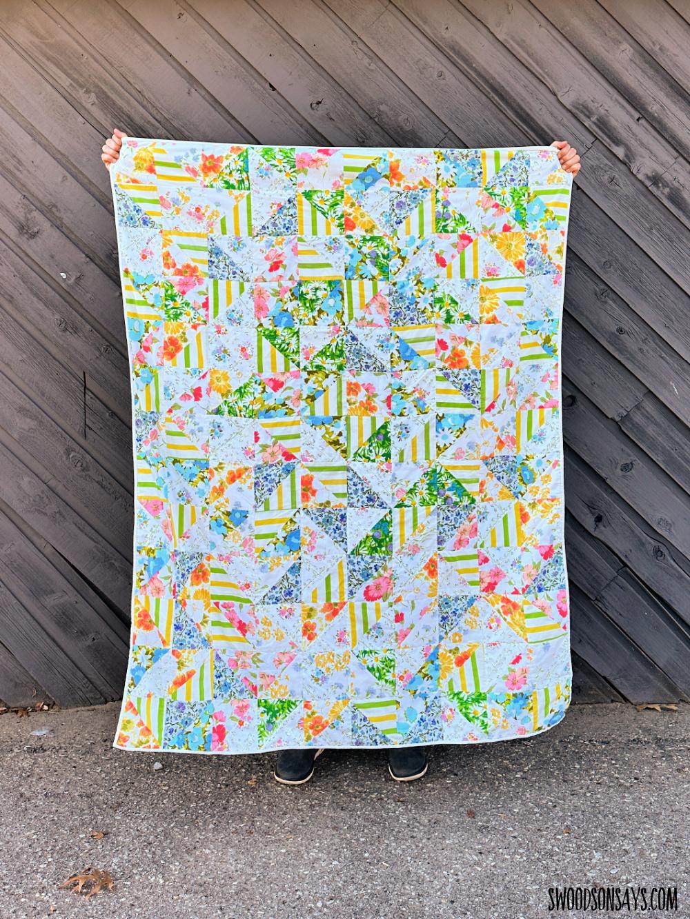 Quilt Made From Vintage Sheets, simple to scale to fit almost any space and a satisfying finish for not much work