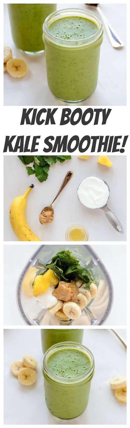 Kale and pineapple smoothie blended with peanut butter and frozen banana for a green energy kick drink