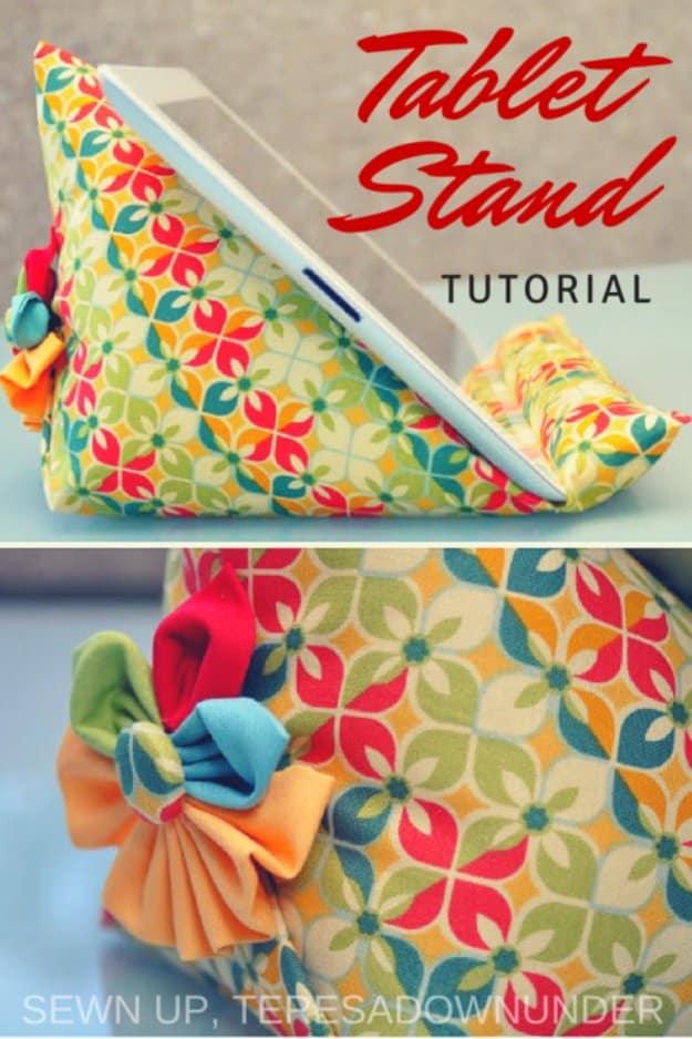 Sewing craft to sell: a fabric iPad stand sewn to prop up a tablet hands free for video calls or recipes