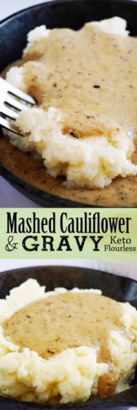 Creamy garlic cauliflower mash whipped smooth in a white bowl with melted butter, herbs and cracked black pepper