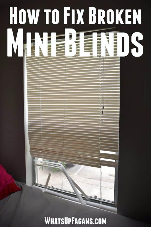 How to Fix Broken Mini Blinds graphic showing white mini blinds at a window with several slats bent out of line