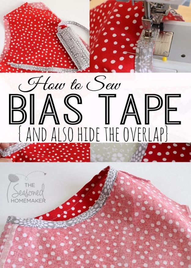 Pin graphic reading How to Sew Bias Tape over red and pink polka dot fabric with a bias bound neckline