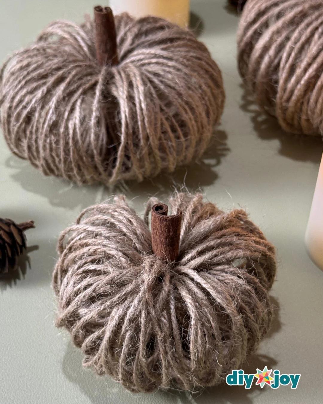 Thanksgiving crafts - handmade twine pumpkin centerpiece made from toilet paper rolls, twine, and a cinnamon stick.