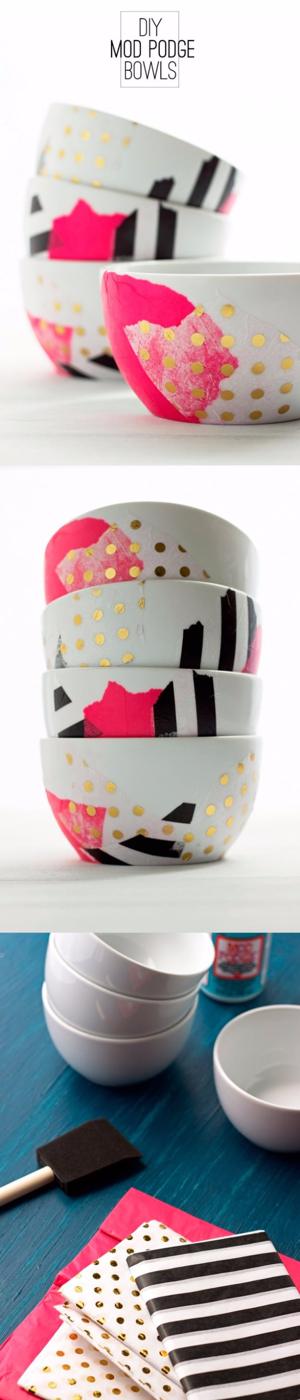 DIY Mod Podge bowls, white bowls decoupaged with pink, black striped and patterned tissue paper, with supplies shown