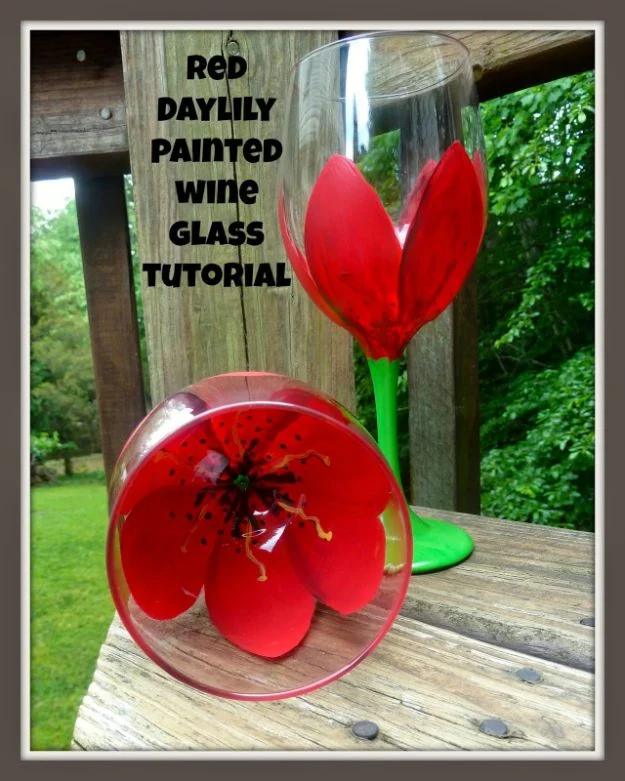 How To Paint Flowers - Red Daylily Flower Painted Wine Glass Tutorial - Step by Step Tutorials for Painting Roses, Daisies, Whimsical and Abstract Floral Techniques - Easy Acrylic