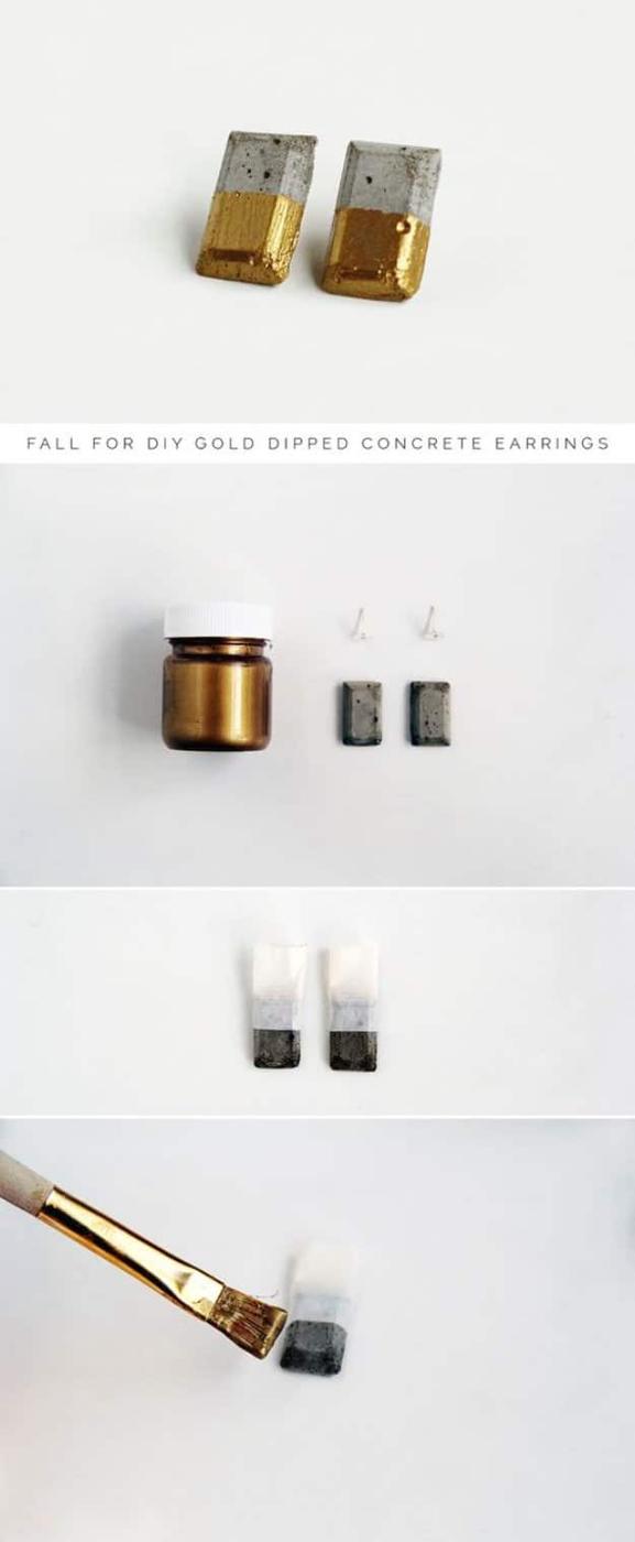 Gold dipped concrete earrings, a four panel strip showing faceted gray cement studs gilded gold, taped and painted