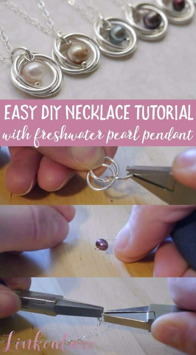 Easy DIY necklace with freshwater pearl pendant, a three panel collage of silver jump rings, pliers and a finished spiral