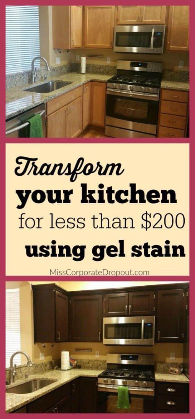 Gel Stained Cabinets, a budget friendly DIY kitchen cabinet idea and a creative storage idea for a busy kitchen
