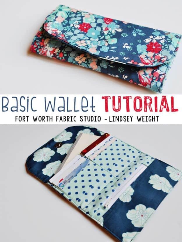 Basic wallet tutorial, a navy floral wallet shown closed above and open below with card slots and a zip pocket