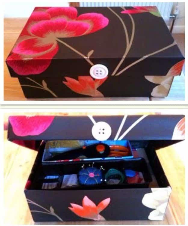 Floral covered shoe box with a hinged lid and a white button, shown closed and open with sewing supplies inside
