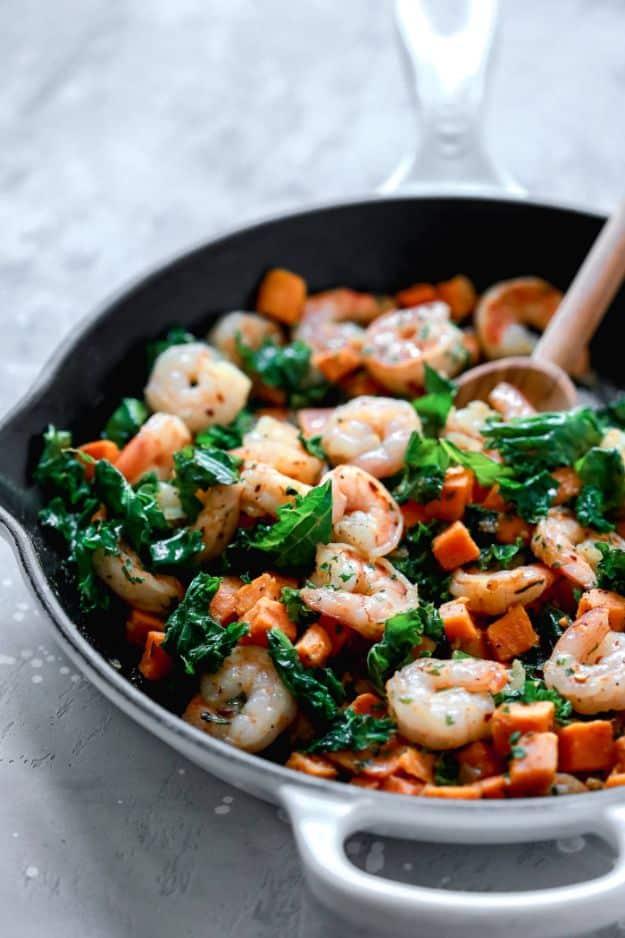 Sweet Potato Recipes - Sweet Potato, Kale and Shrimp Skillet - Easy Recipe Ideas for Sweet Potatoes in the Crockpot, Casserole Dishes, Baked, Mashed, Candied and Roastedd - Healthy
