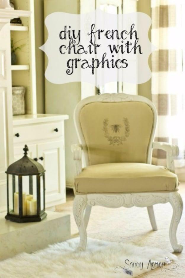 DIY French chair with graphics, a carved chair with a cream painted frame and a pale yellow seat back bearing a crest