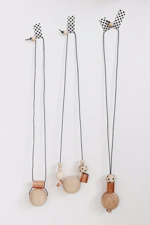 DIY wood copper necklace, three long cord necklaces with pale wooden beads, black polka dots and copper tube segments