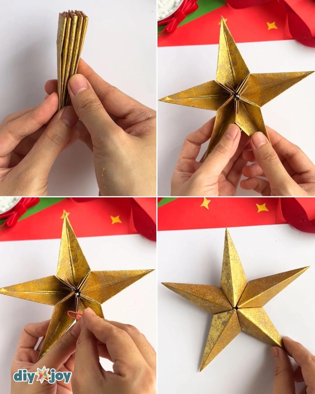 Paper bag star ornament - fanning out five glued paper points and joining them into a Christmas star