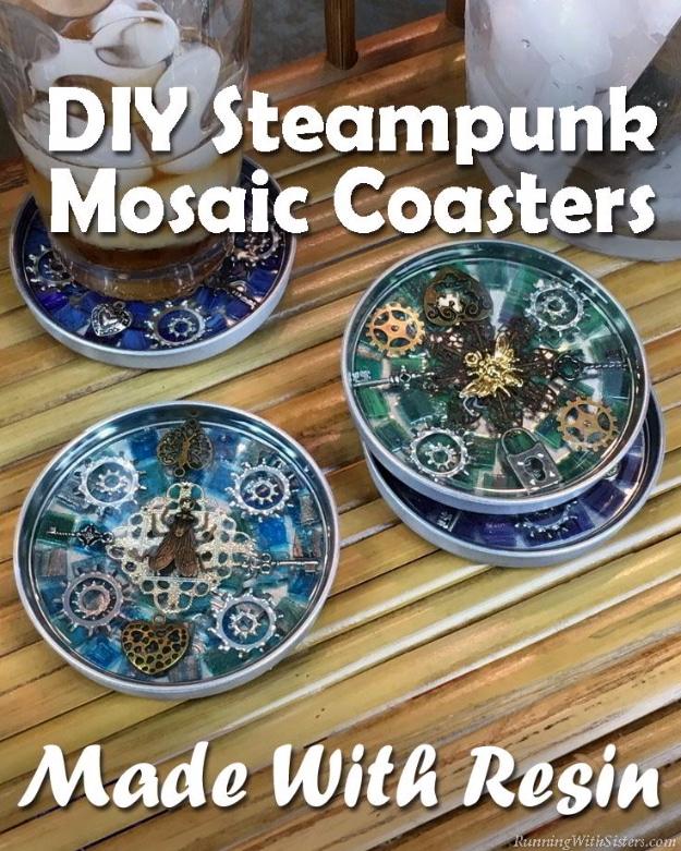 A square coaster set with tiny tiles and brass watch gears under a glossy clear resin pour, on dark wood