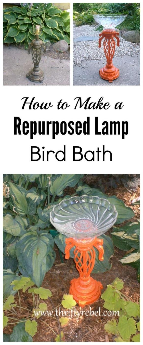 Creative Garden Art Ideas -Crafts for Outdoors - DYI Garden Ornaments to Make for Backyard Decoration - Thrift Store Crafts - DIY Lamp into Orange Birdbath