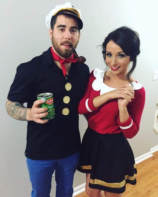 Popeye and Olive Oyl couples costume with a sailor cap, felt anchor shirt, black skirt and a can of spinach