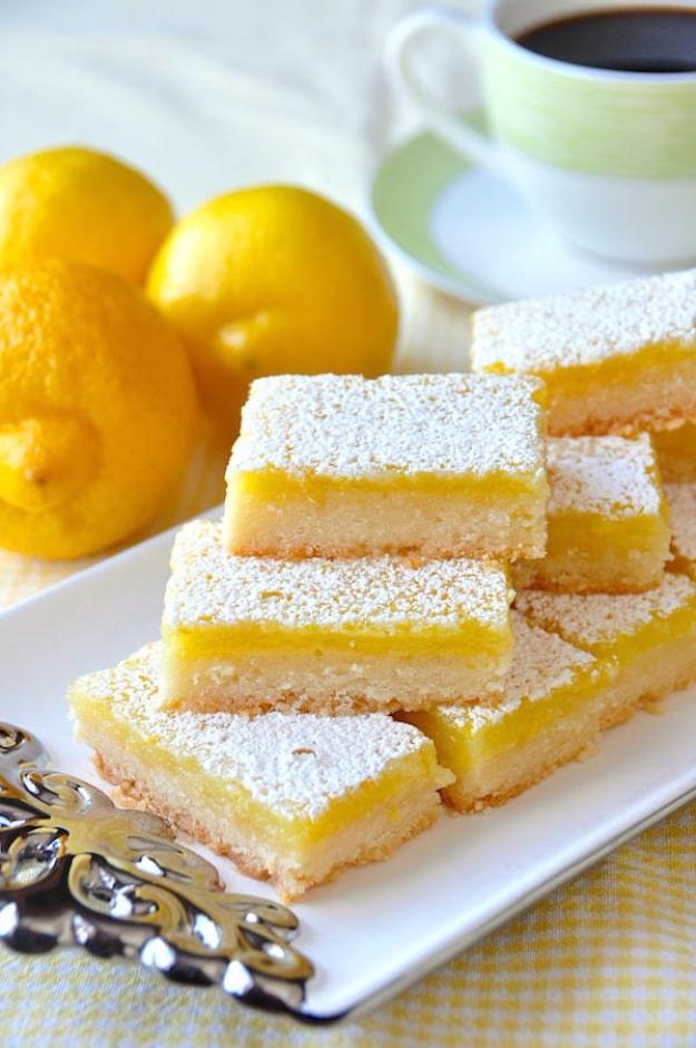 Super easy lemon bars cut into squares and dusted with icing sugar, an easy last minute dessert for a crowd