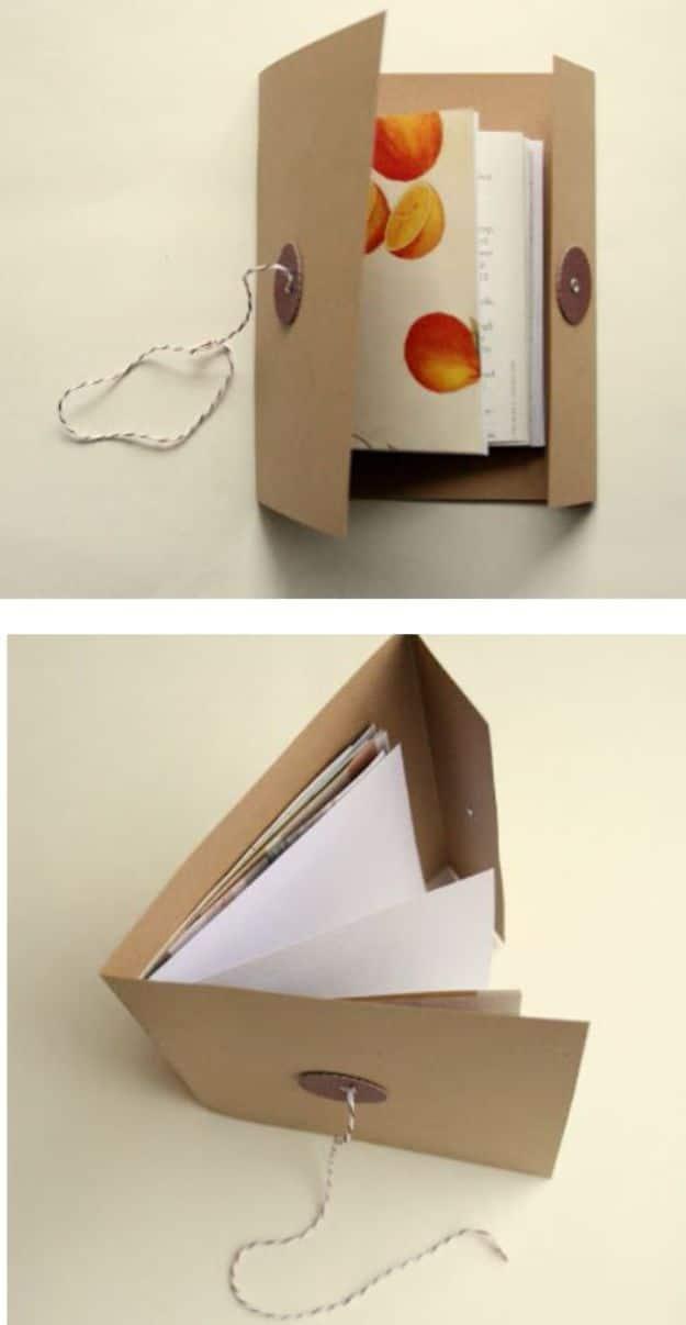 Two views of a button and string kraft paper mini journal closed with twine wound around two brown buttons