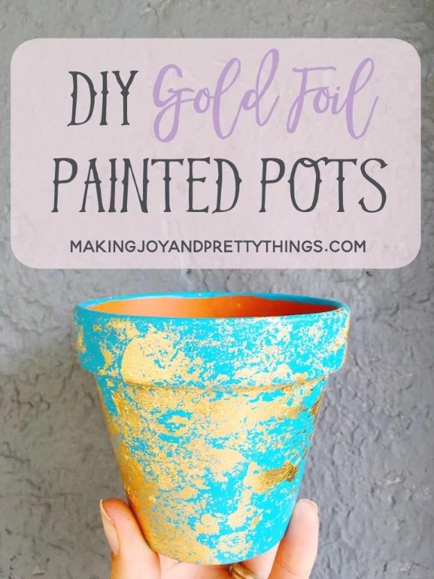 Gold leaf hand painted pots made cheap and easy with craft paint and gold leaf from the craft store for the whole family