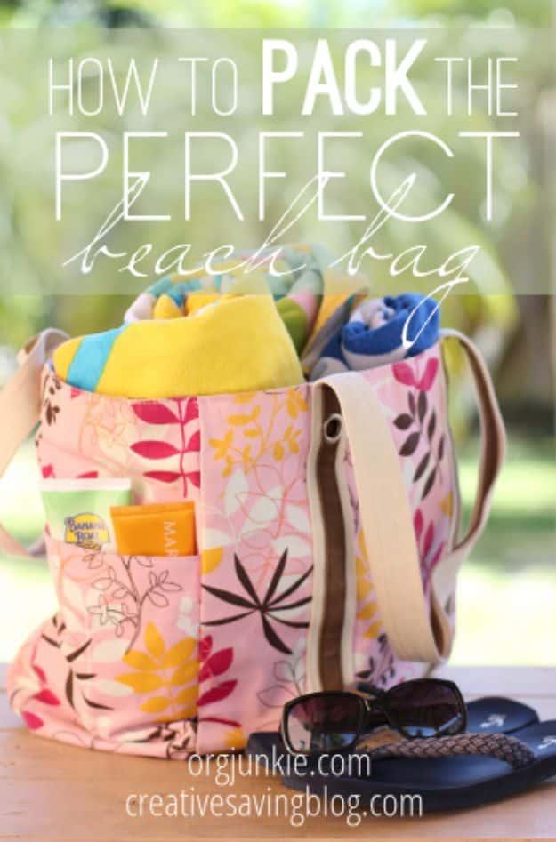 Graphic reading How to Pack the Perfect Beach Bag over a floral tote with a yellow towel and sunglasses