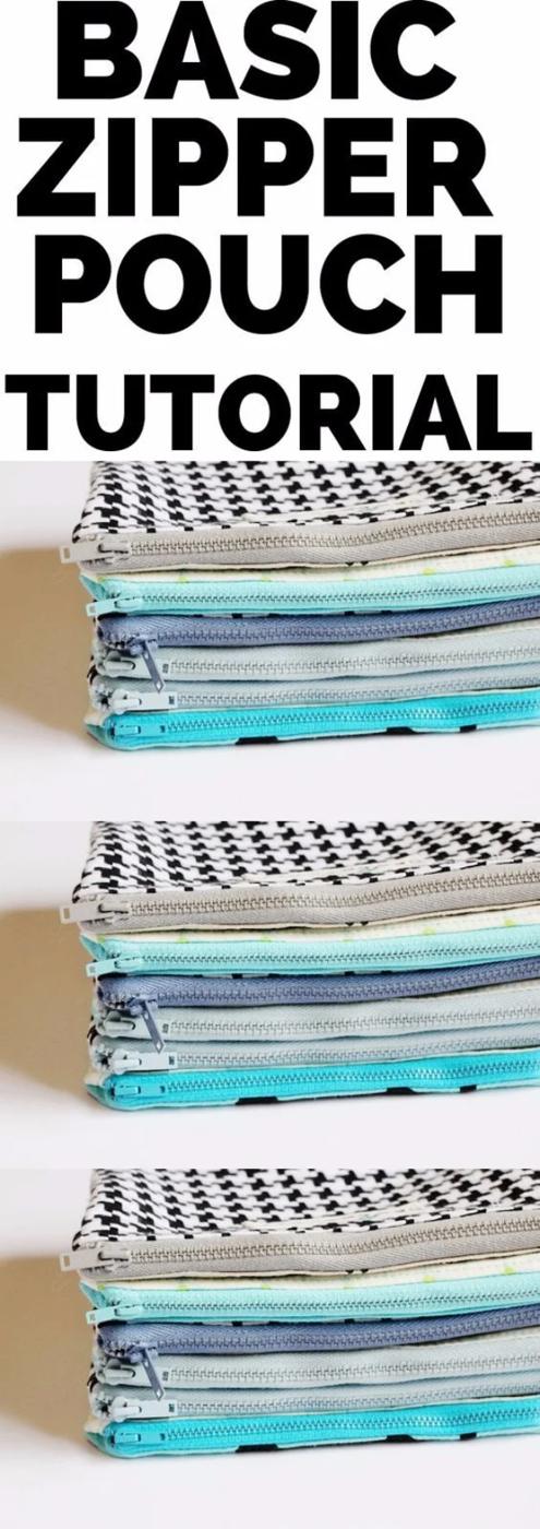 Stack of lined zipper pouches in houndstooth, linen and turquoise cotton with metal zippers on a white surface