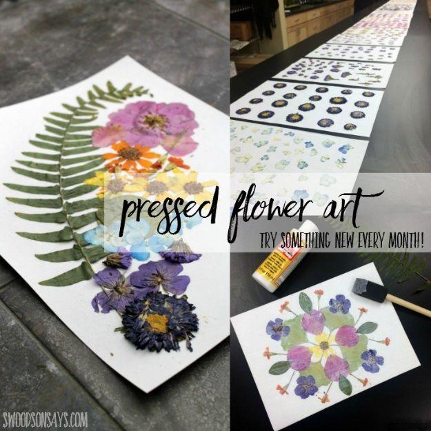 Four panel collage of pressed flower art, framed and in progress, under a typeset Pressed Flower Art title banner