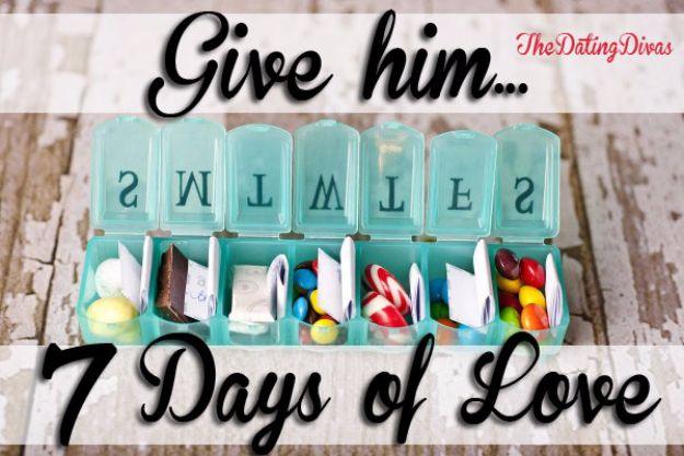 A weekly pill box filled with small love notes and candy for each day, an easy handmade gift for him