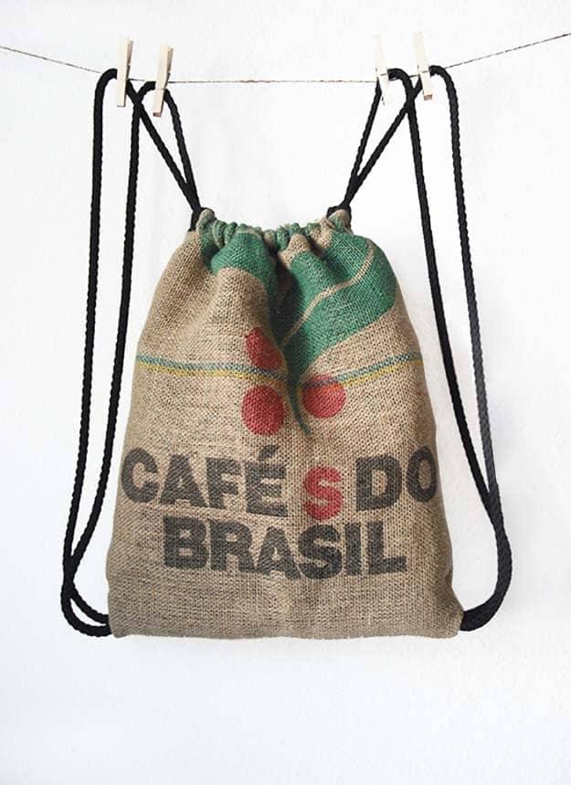 DIY Projects with Burlap and Creative Burlap Crafts for Home Decor, Gifts and More | Burlap Coffee Bag Drawstring Back Pack