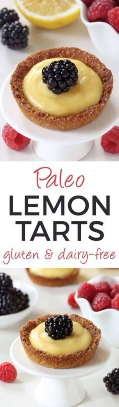 Paleo mini lemon tarts with almond flour crusts and bright yellow honey sweetened lemon curd filling