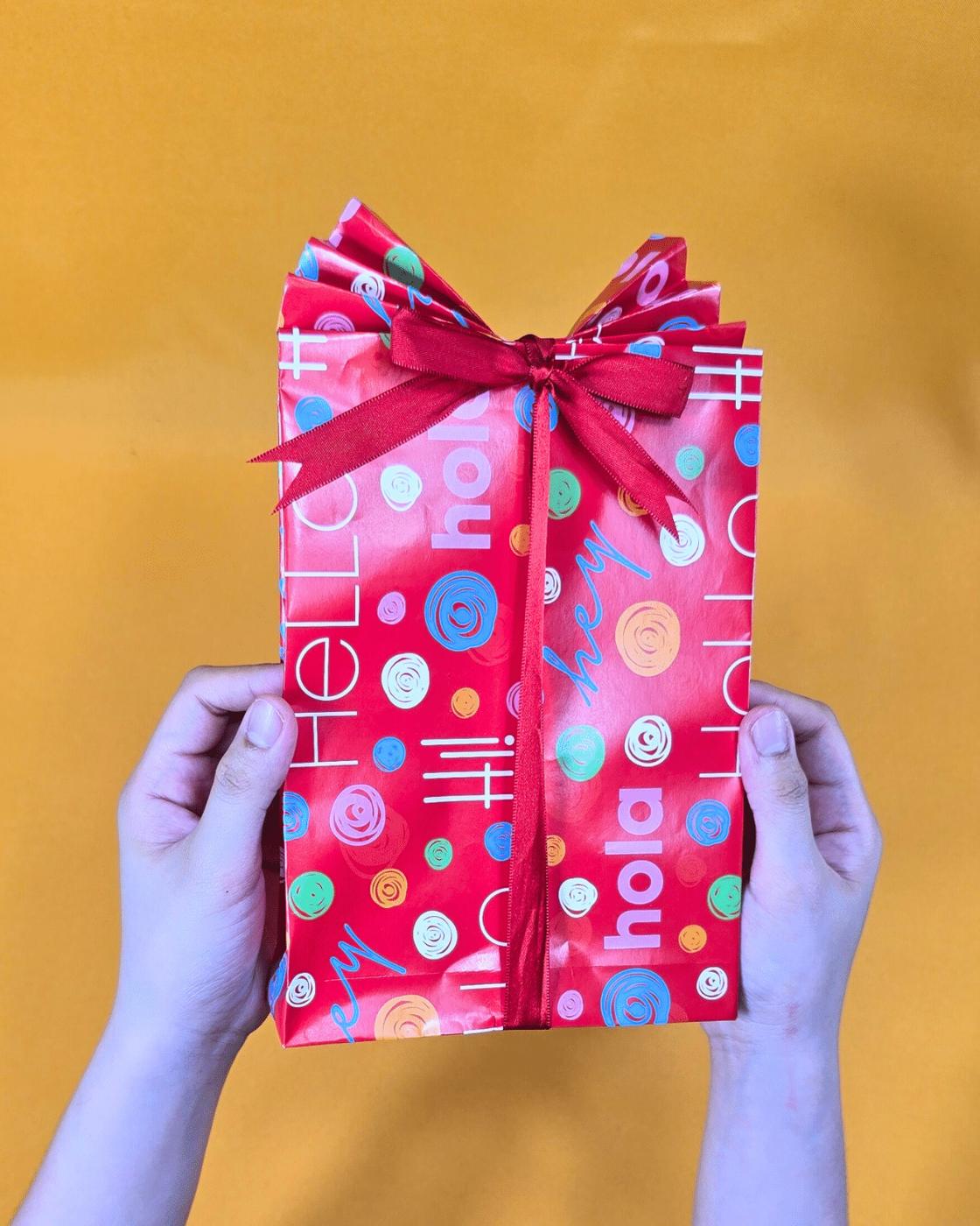 Homemade Gift Bag - finished red print paper bag with a pleated top and a bright red ribbon bow