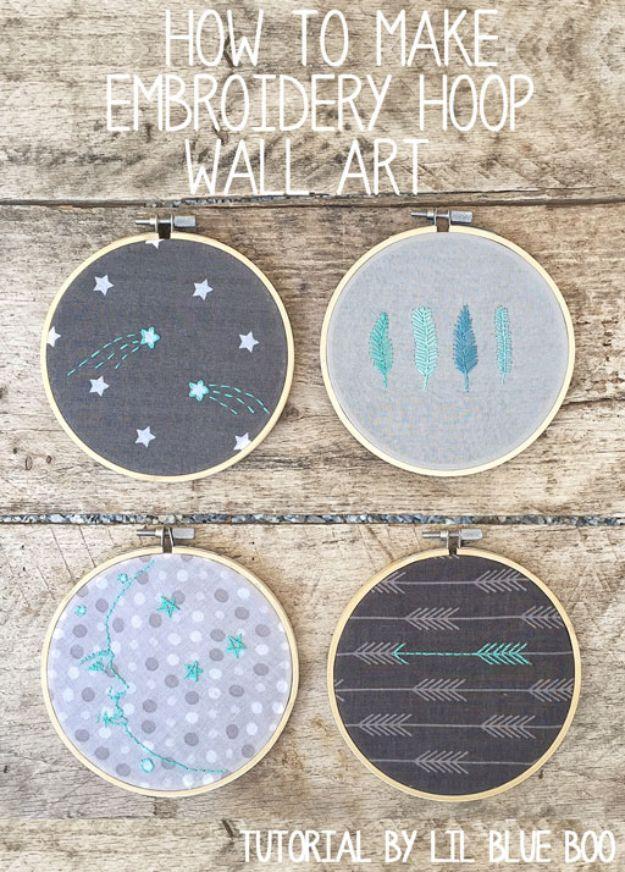 Four embroidery hoops in gray star, feather, dot and arrow prints, hand stitched, under a typeset tutorial title