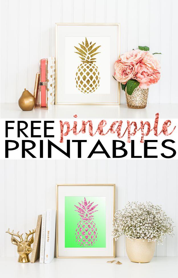 Pineapple wall art printable, a gold pineapple print and a pink and green gradient pineapple print framed beside peonies