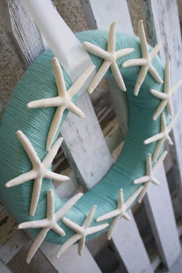 Starfish Yarn Wreath, cheap to pull off with dollar store finds and proof a small change makes a real difference