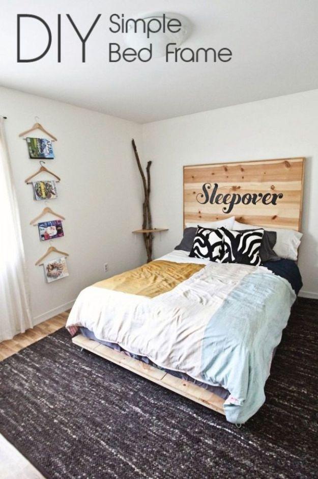 DIY simple bed frame graphic with a pine frame under a plank headboard reading Sleepover in a bedroom