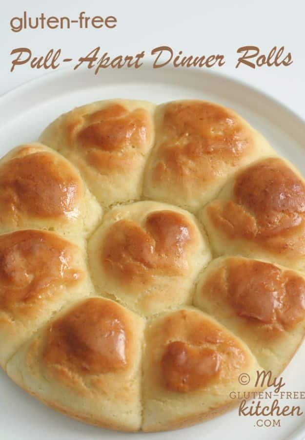 Gluten free pull apart dinner rolls, nine golden brown rolls risen and baked together in one round cake pan