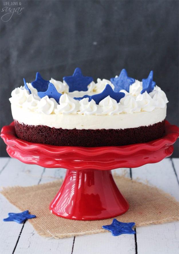 Red velvet blondie base topped with a no bake cheesecake layer for a red white and blue party dessert