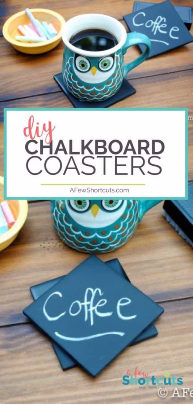 DIY chalkboard coasters, square teal chalkboard tiles with Coffee written in chalk beside a matching teal owl coffee mug